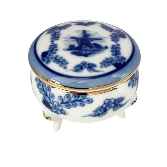 Vintage D.N. & E.I. Blue Delft Ware Windmill Hand Painted 2" Trinket Dish Pill B - Picture 1 of 9